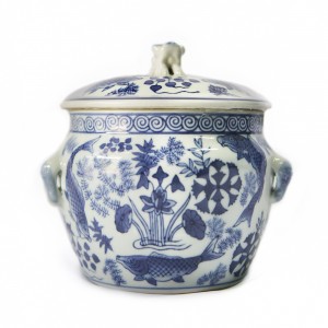 Blue and White Urn with Animal Lid